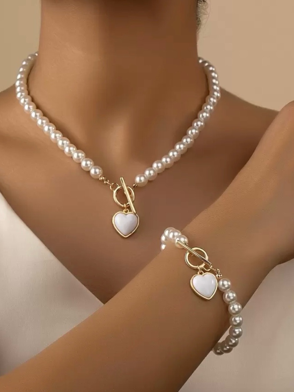 Classic White Pearl Necklace with Heart Charm